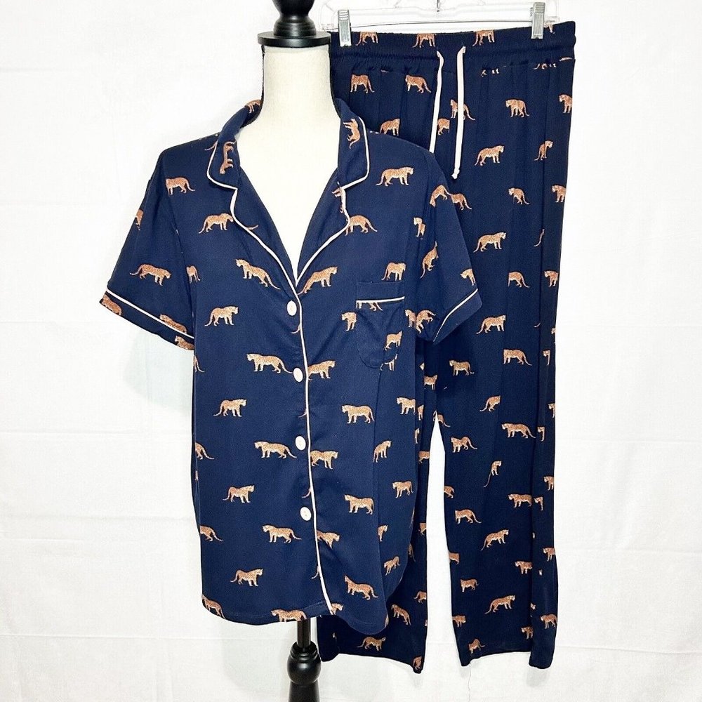 Tart Intimates Short Sleeve Navy Cheetah Pajamas Set Sz L Drawstring Super Soft
